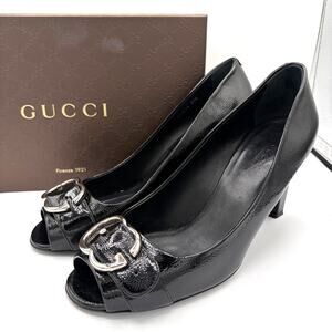 GUCCI Sachalin GG Buckle Patent Black Leather Peep Toe Heels Sz 39.5‎ Luxury